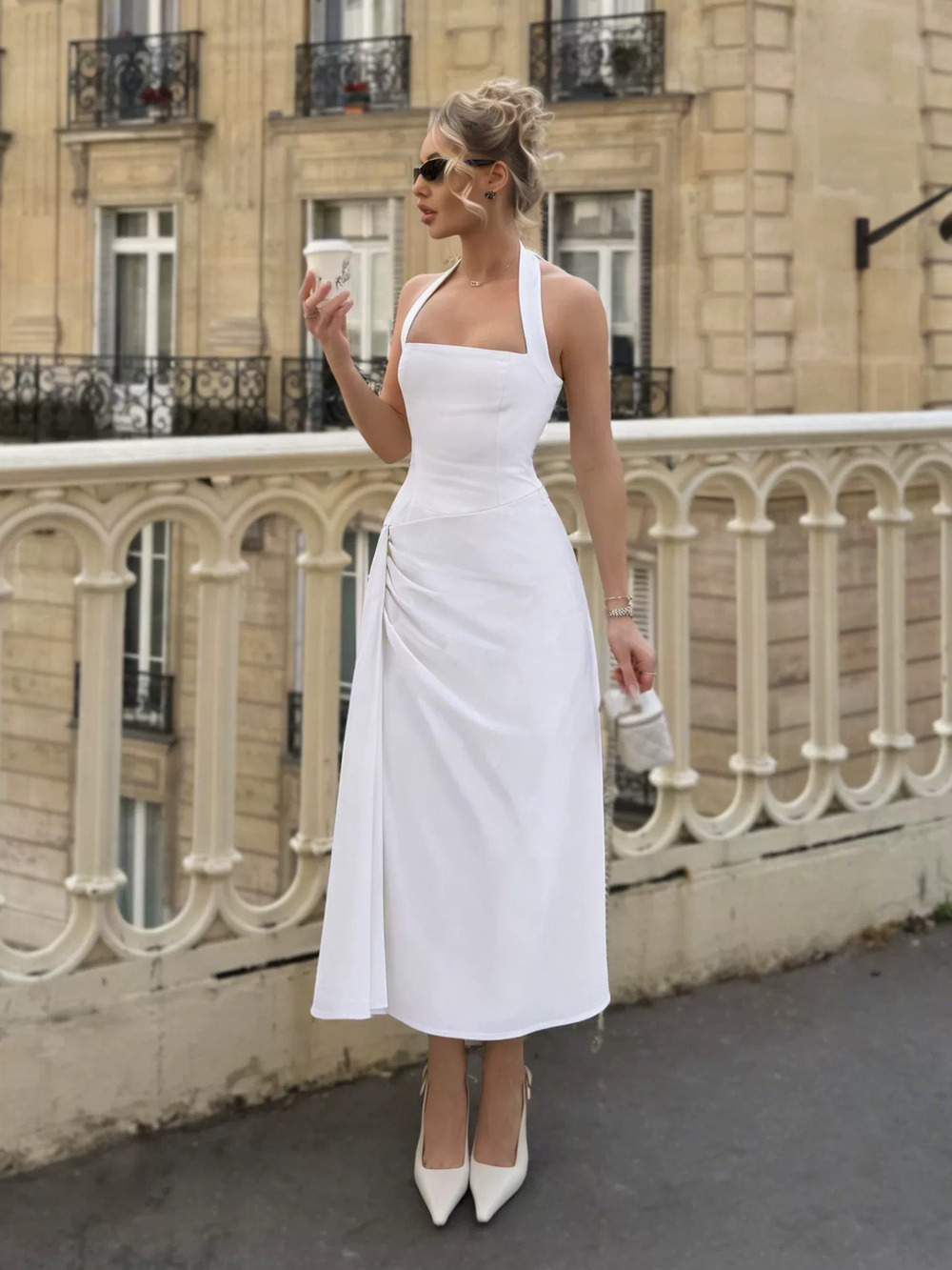 ZARA Womens Summer Versatile Pleated Halter Neck Slim Waist Sexy Backless Dress
